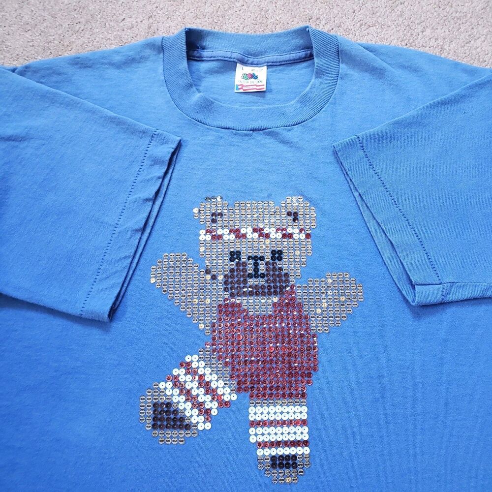 Vintage 90s Rhinestone Workout Bear Sz Large Single Stitch USA Made Mens Blue T